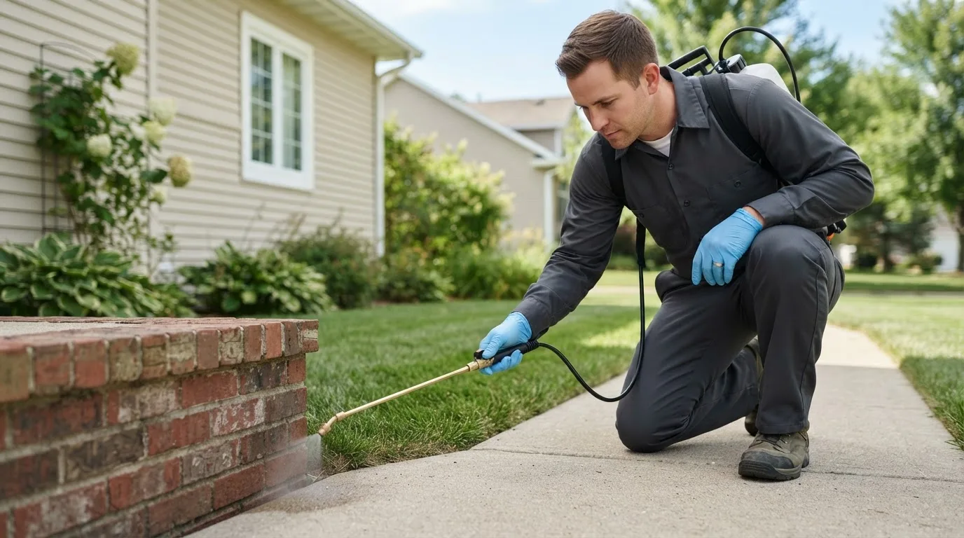 Pest control technician treating a home near East Rockaway, NY